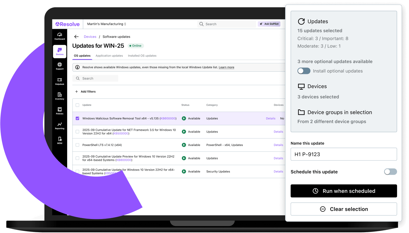 LogMeIn Resolve interface for third-party application patching, Windows software updates, and scheduled endpoint patch management.
