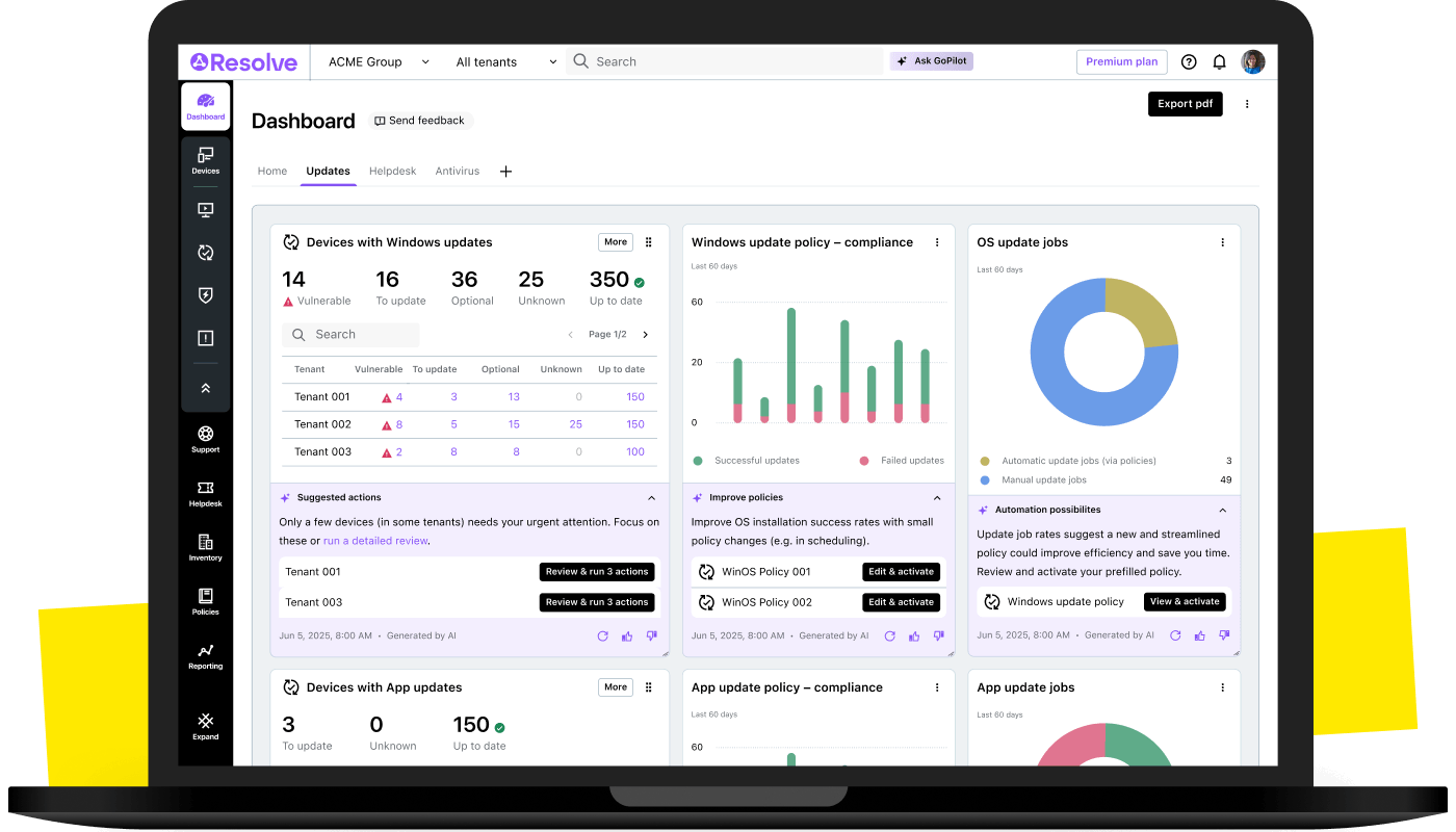 LogMeIn Resolve dashboard with Windows device update compliance, OS update jobs, app updates, and AI-recommended actions.