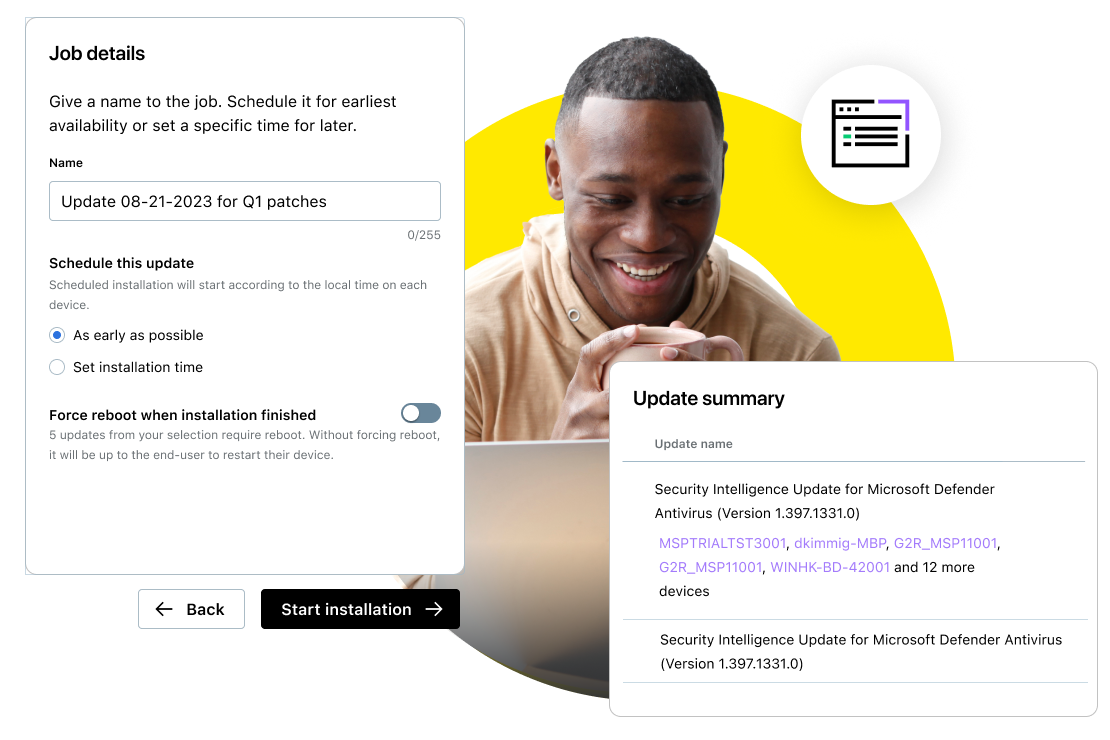 "A professional using a laptop alongside LogMeIn Resolve alerts for Windows updates, app updates, and threats."
