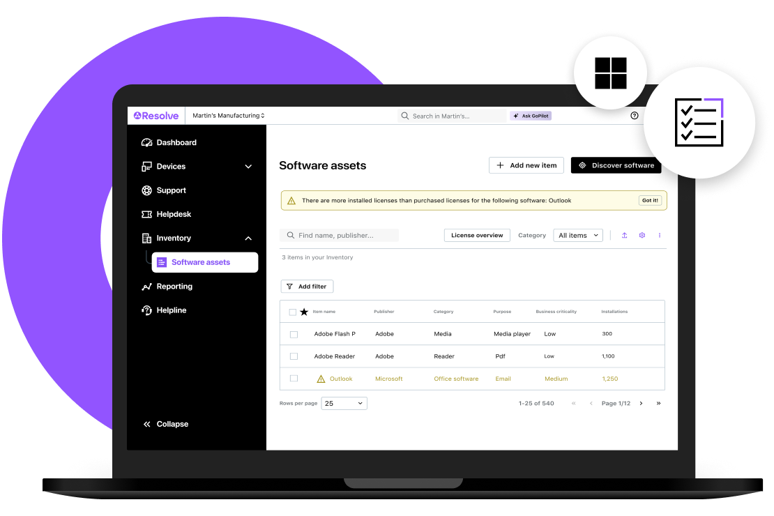 "LogMeIn Resolve software assets inventory showing license compliance status across installed applications."