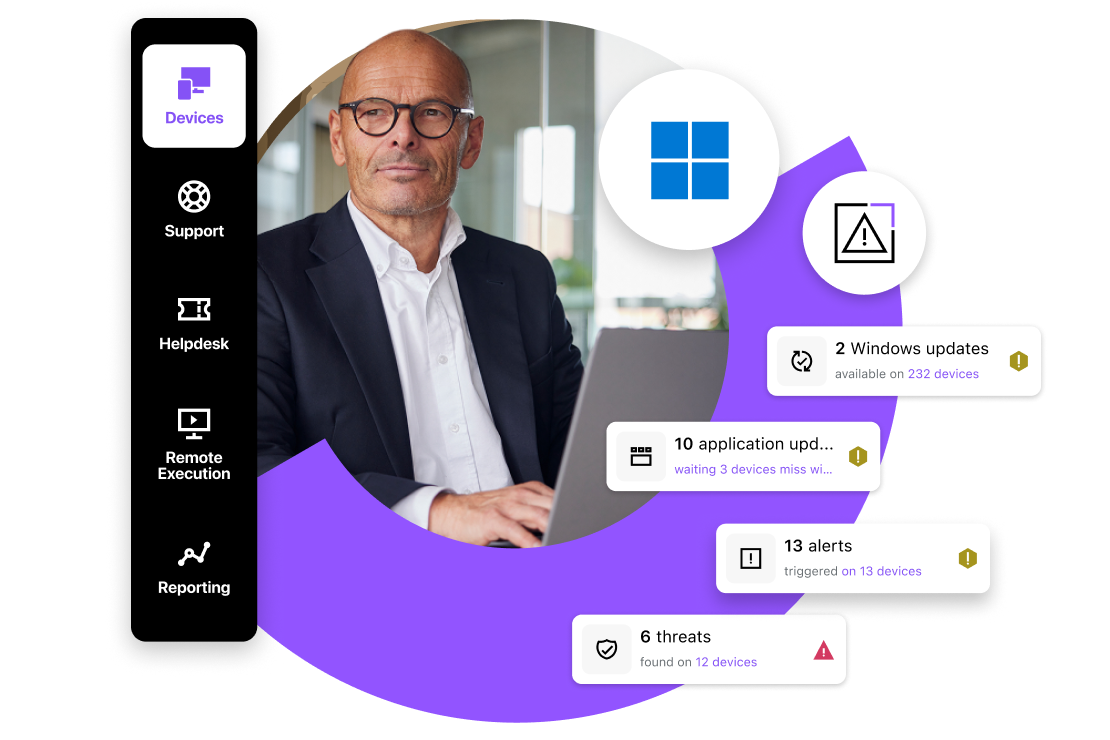 "LogMeIn Resolve Windows patch management showing scheduled update job details and an update summary."