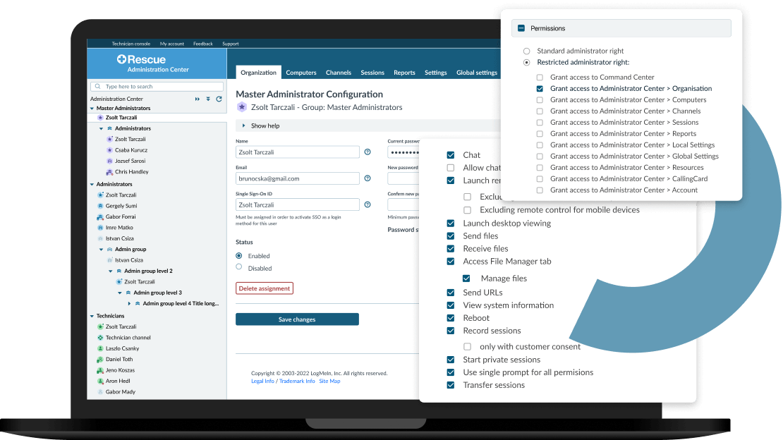 LogMeIn Rescue Administration Center interface displaying master administrator configuration settings and detailed administrator permissions for advanced security management.