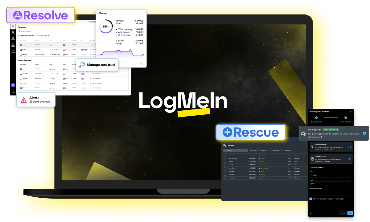 LogMeIn IT solutions featuring Resolve unified endpoint management software and Rescue enterprise-level remote support software.