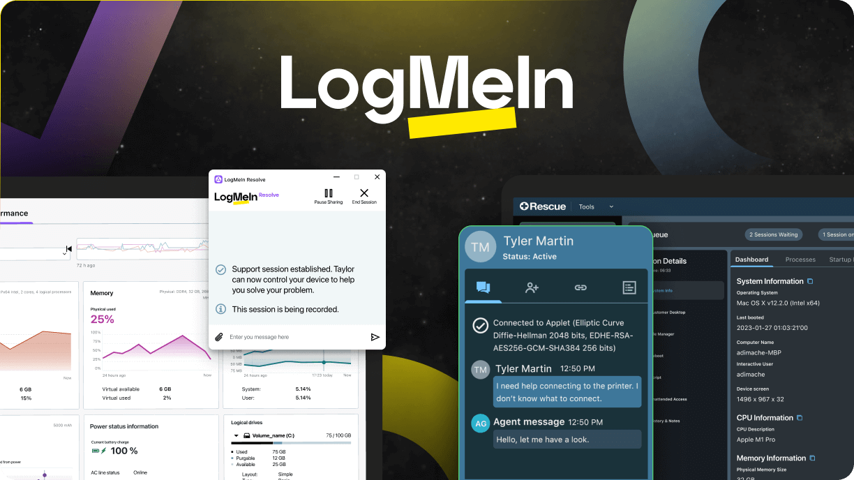 LogMeIn IT solutions featuring Resolve unified endpoint management software and Rescue enterprise-level remote support software.