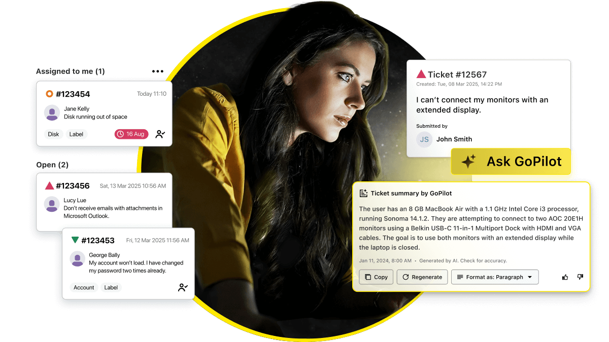 Service desk manager utilizing LogMeIn agentic AI features to manage IT support helpdesk operations and automate workflow tasks.