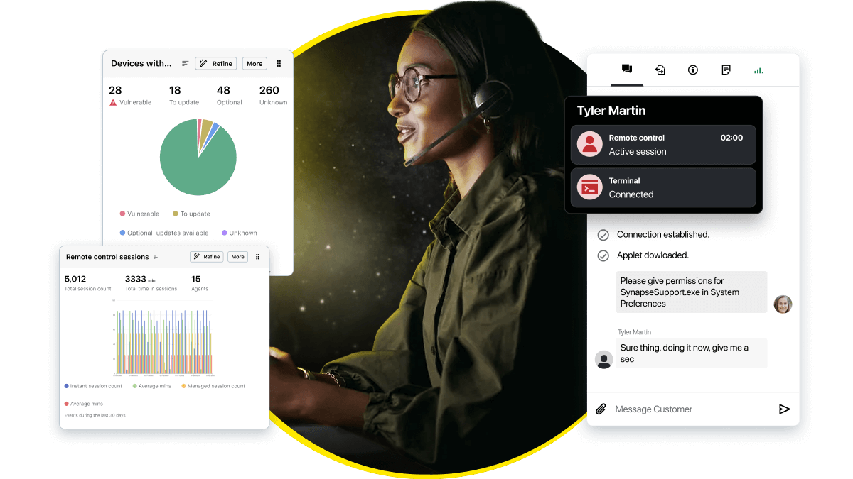 Professional IT agent delivering seamless remote support sessions with live chat and AI-powered insights.