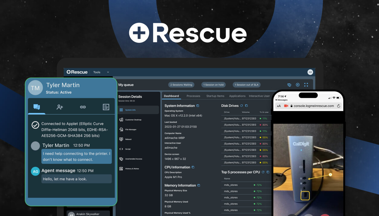 LogMeIn Rescue remote IT support dashboard showing an active live chat session with a user and the Live Lens camera sharing feature.