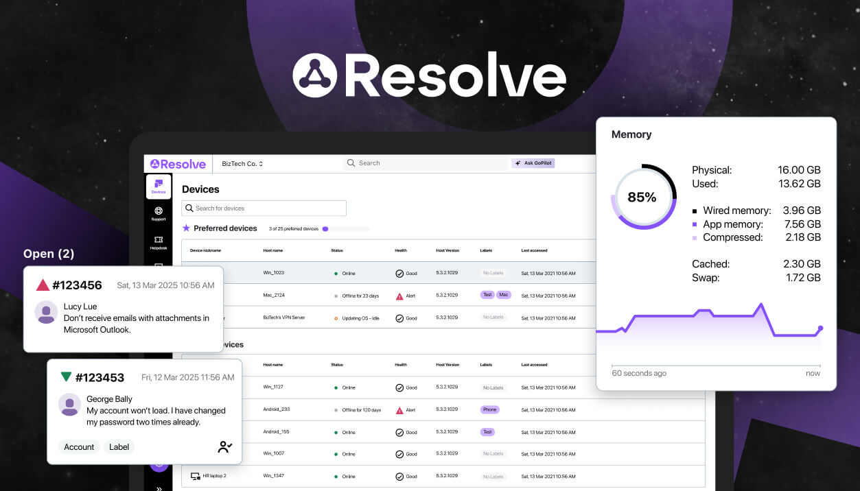 LogMeIn Resolve endpoint management dashboard displaying device inventory details, open helpdesk tickets, and real-time analytics.