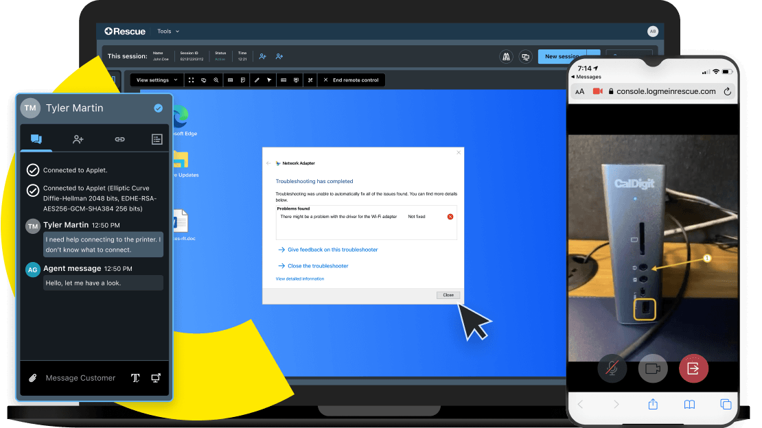 LogMeIn Rescue remote IT support session with live chat and Live Lens mobile camera sharing.