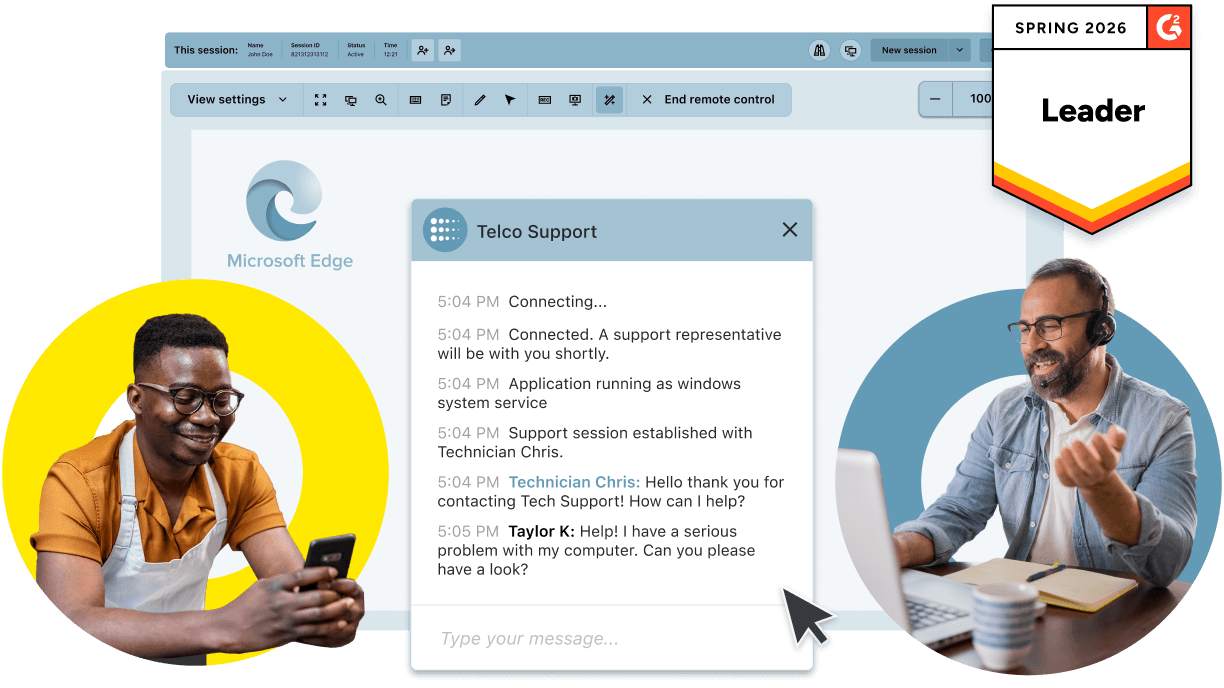 Remote support session between IT agent and customer using LogMeIn recognized as a G2 Spring 2026 Leader.