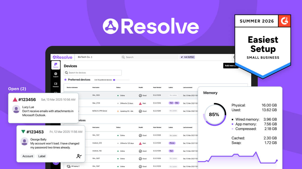 LogMeIn Resolve, winner of the G2 Easiest Setup for Small Business award, featuring an endpoint management dashboard interface with device inventory, helpdesk tickets, and real-time analytics.