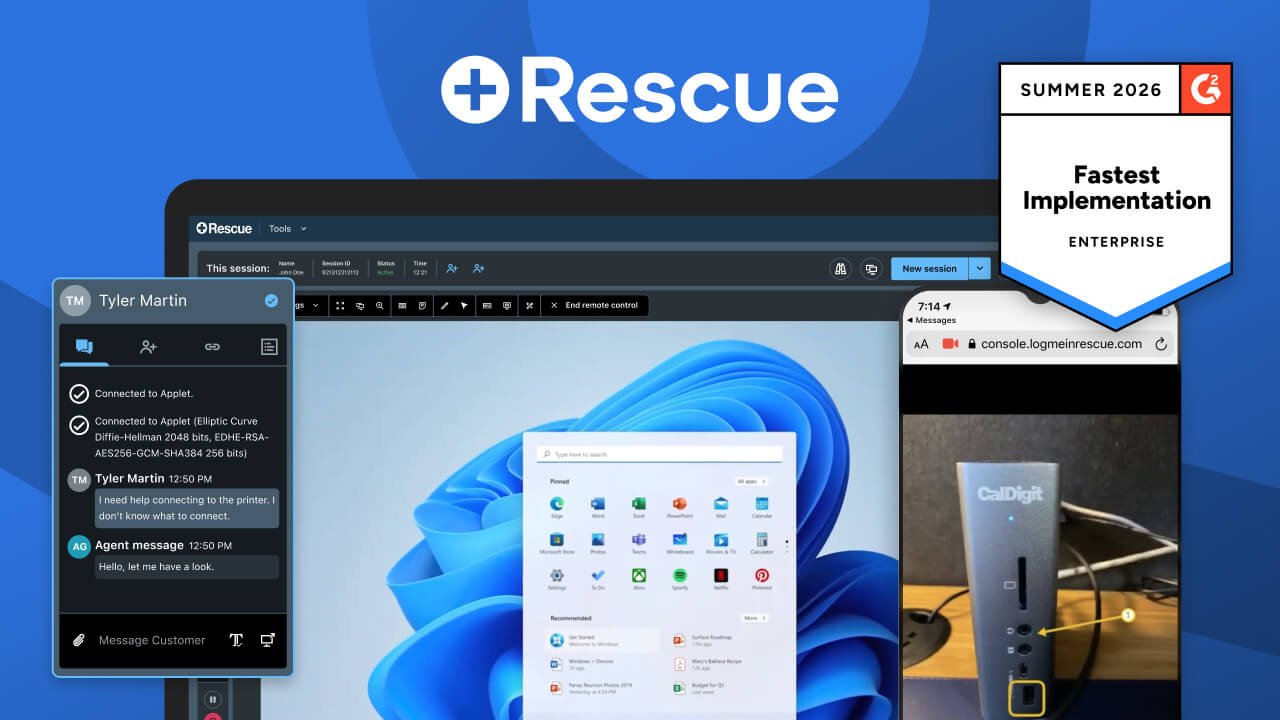 LogMeIn Rescue, winner of the G2 Fastest Implementation for Enterprise award, featuring a remote IT support dashboard with an active live chat session and Live Lens camera sharing.