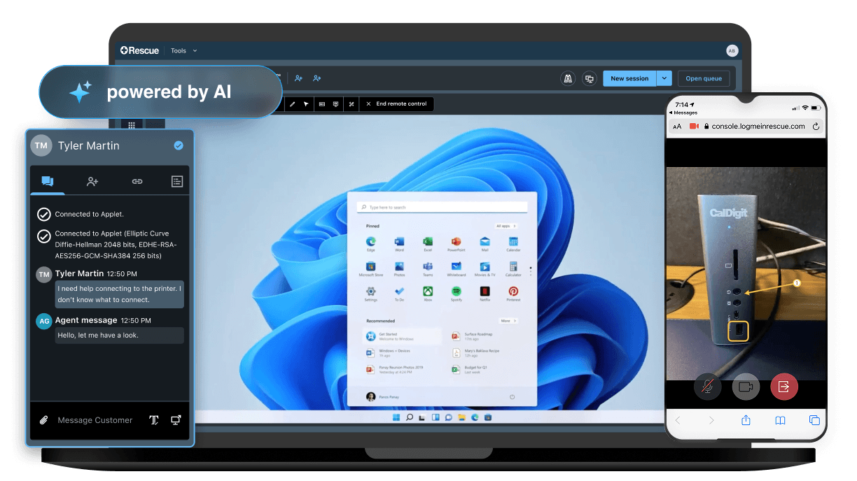 LogMeIn Rescue powered by AI, showing remote support session and live camera sharing on mobile for troubleshooting.