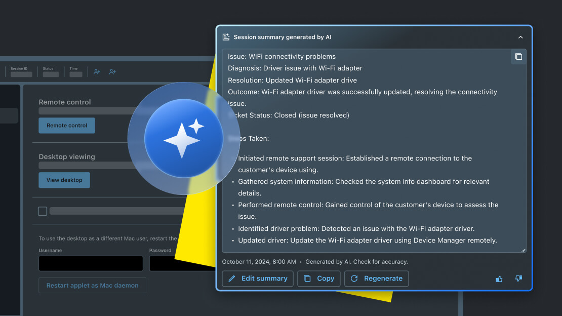 LogMeIn Rescue interface showing AI-generated session summary with remote control actions, issue diagnosis, resolution steps, and automated follow-up options.