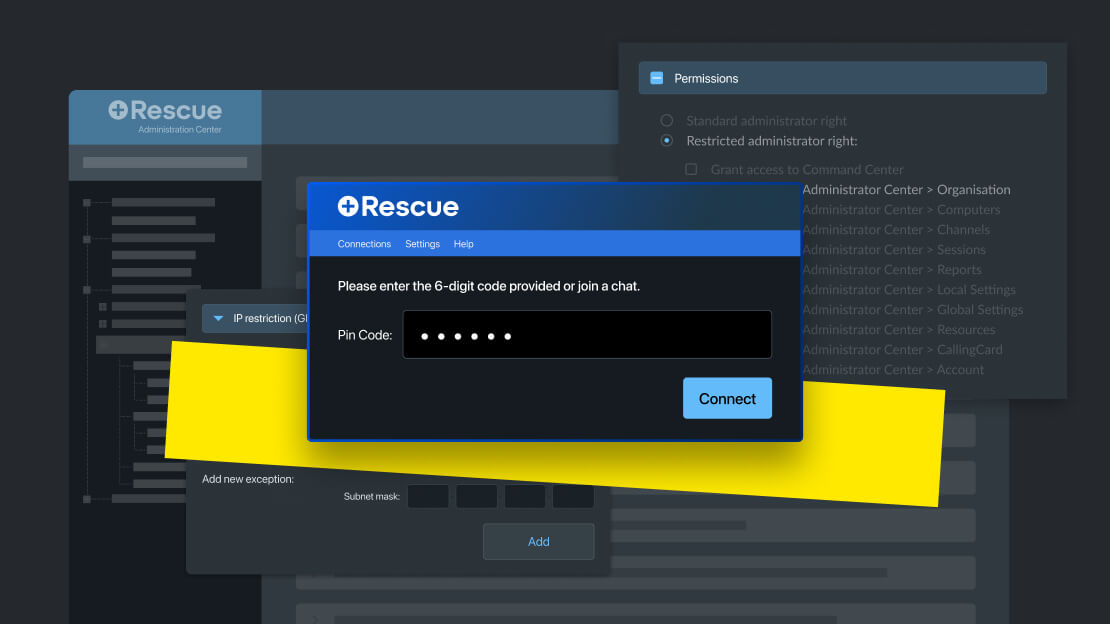 LogMeIn Rescue Administration Center screen showing permission settings and PIN code entry for secure remote access.
