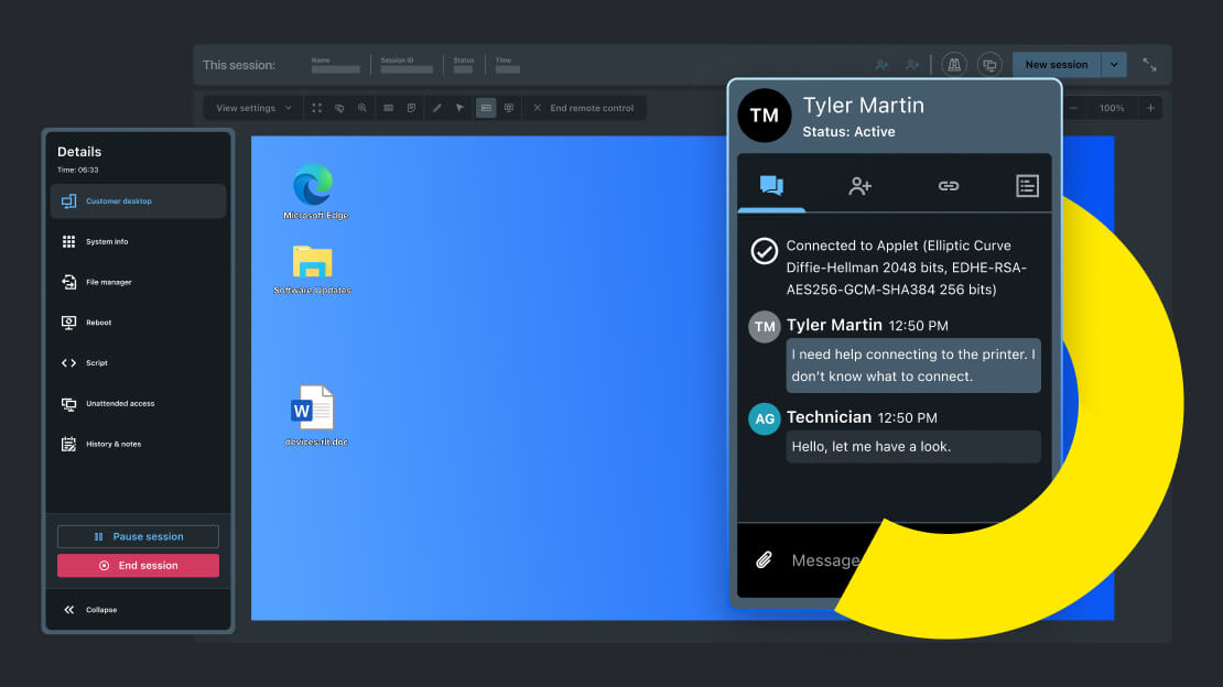 LogMeIn Rescue remote support session showing secure connection, real-time chat, and active troubleshooting features.