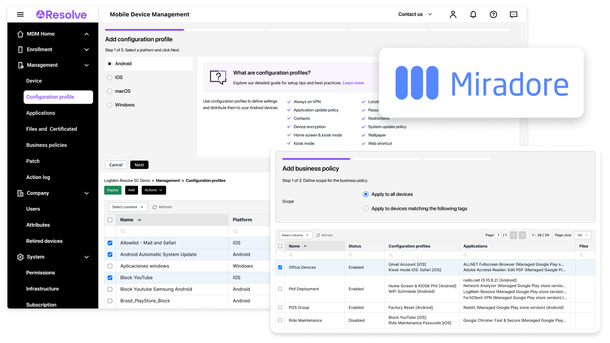 LogMeIn Resolve Mobile Device Management software powered by Miradore displaying configuration profiles, business policy setup, and security options for all major operating systems.