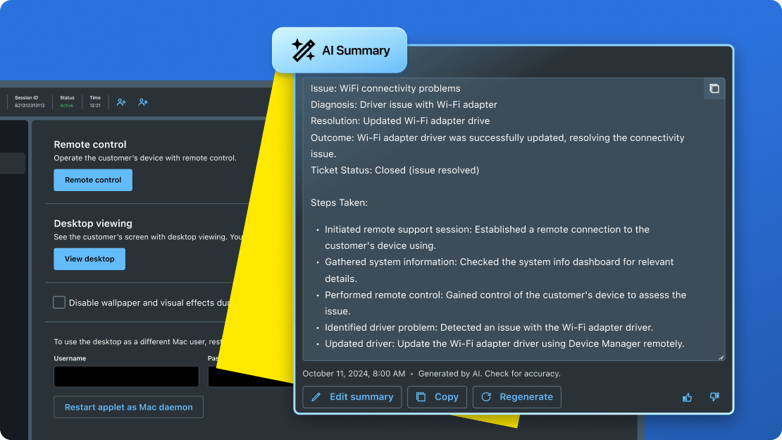 LogMeIn Rescue AI generates summaries, analyzes information in real time, and provides recommendations based on all available session data, helping agents resolve issues faster.