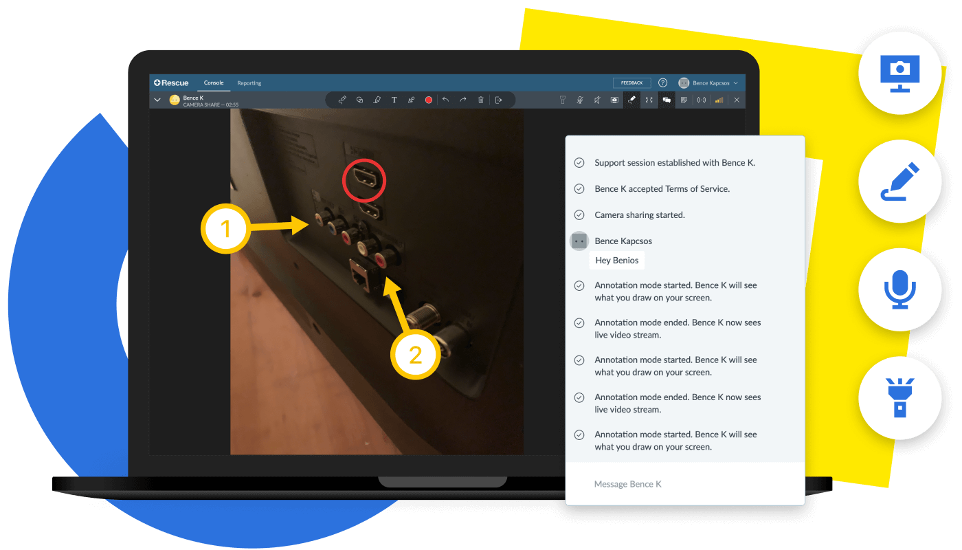 LogMeIn Rescue interface using the Live Lens feature to deliver real-time remote support through device camera sharing.