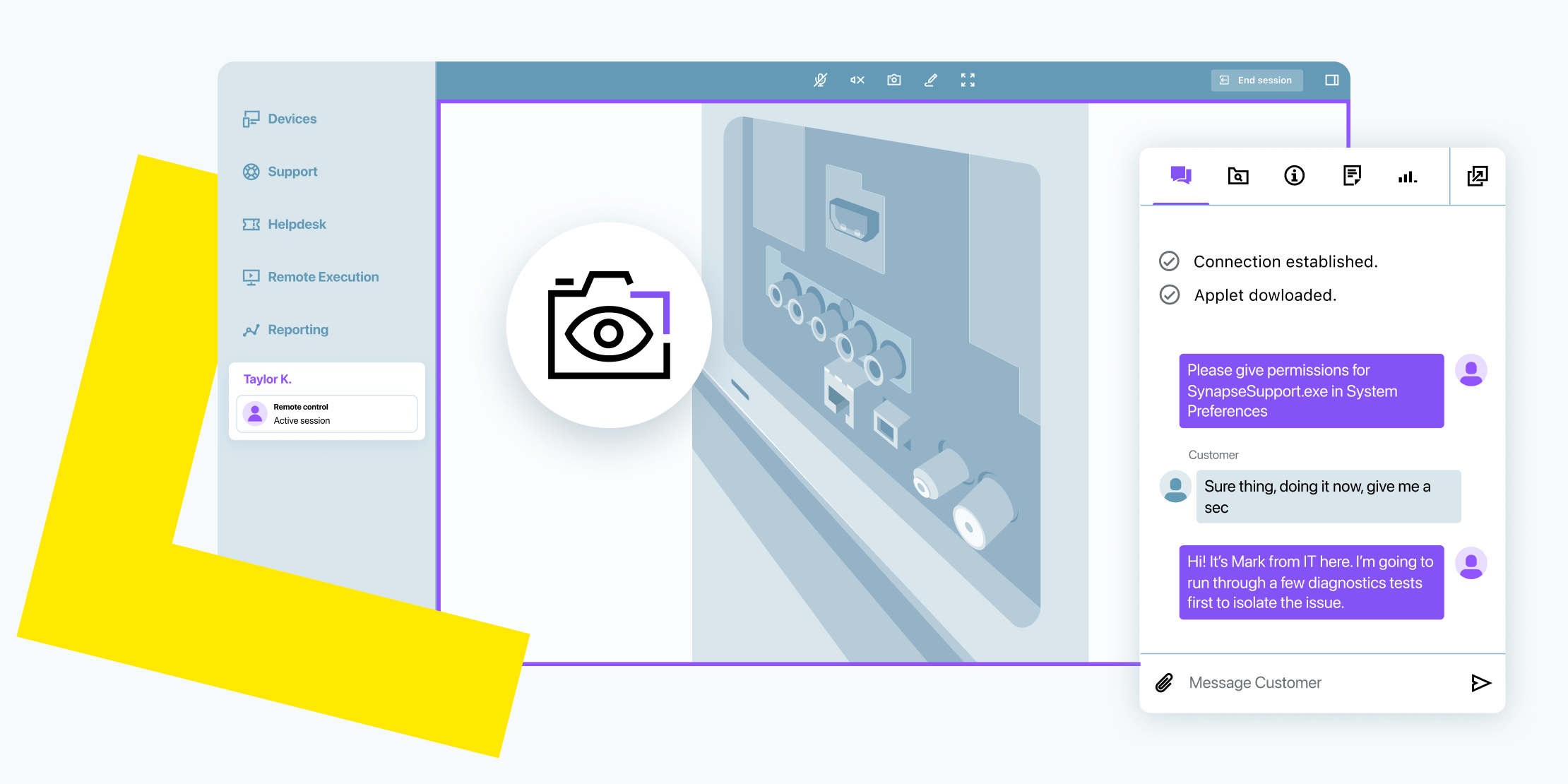 LogMeIn Resolve interface showing an active remote support session where IT teams access an end-user's device camera and communicate through live chat to resolve issues.