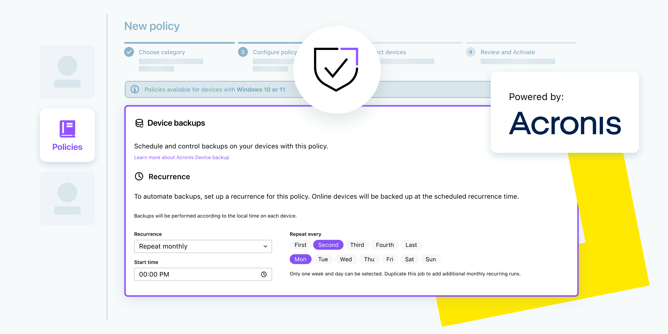 LogMeIn’s Data Protection Suite interface powered by Acronis, showcasing tools to configure backup policies, automate device backups, and set recurring schedules for secure data protection.