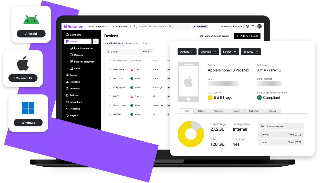LogMeIn Resolve mobile device management dashboard for monitoring and managing Android, iOS/macOS, and Windows devices.
