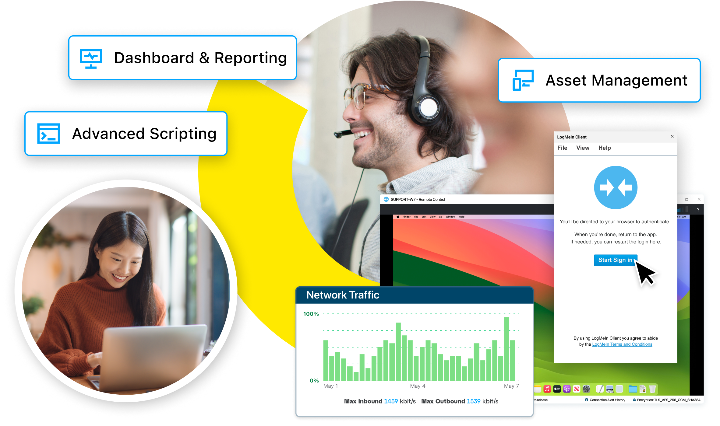 LogMeIn Central interface showing features like dashboard, reporting, advanced scripting, asset management, and more—demonstrating how the powerful RMM software maintains and secures IT infrastructure from anywhere.