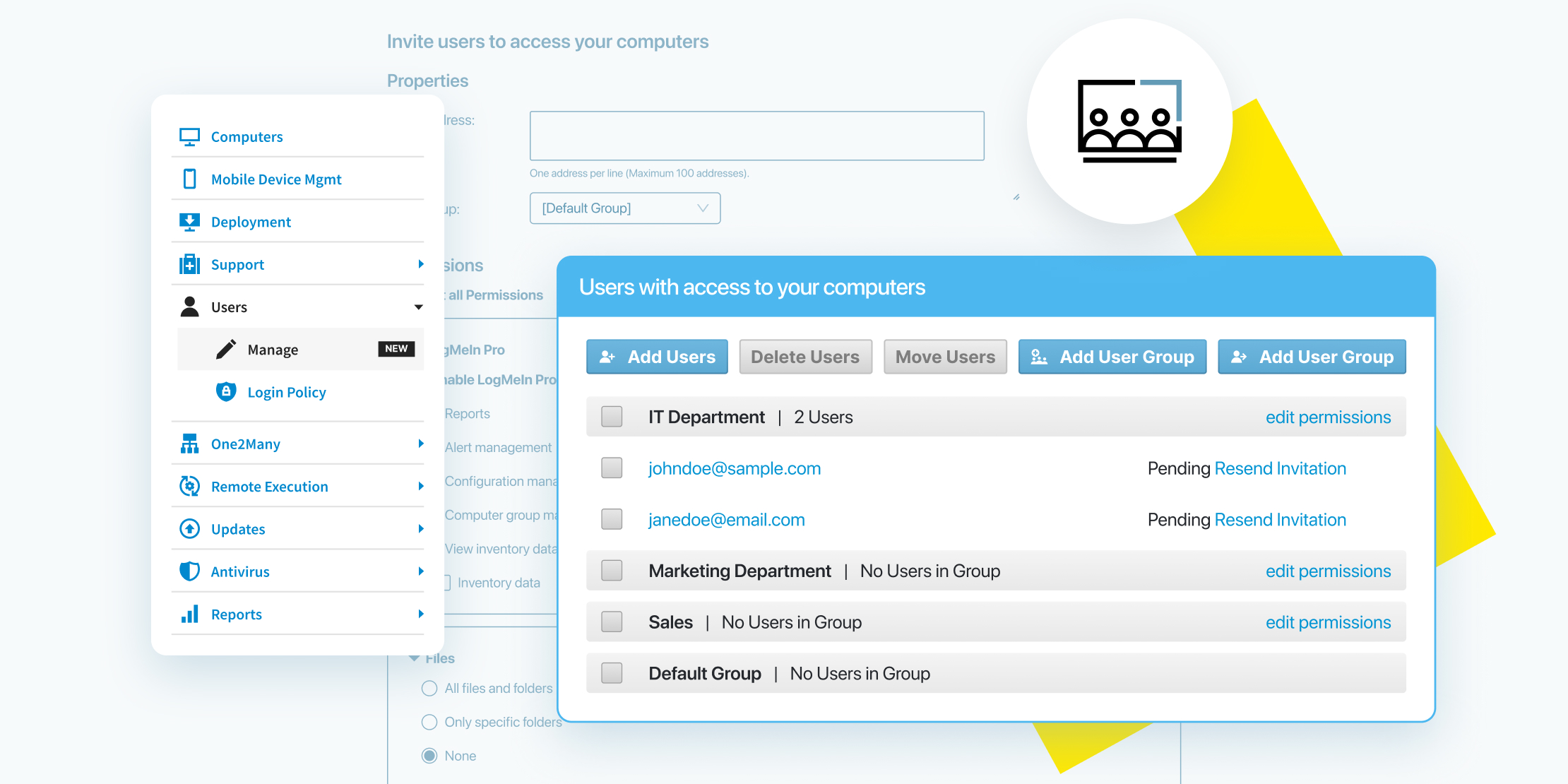 LogMeIn Central interface for managing user access to computers and files.