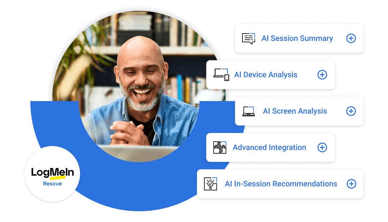 LogMeIn Rescue’s AI package includes: AI Session Summary, AI Device Analysis, AI Screen Analysis, AI In-Session Recommendations (coming soon), and Advanced Integrations with ServiceNow (coming soon).