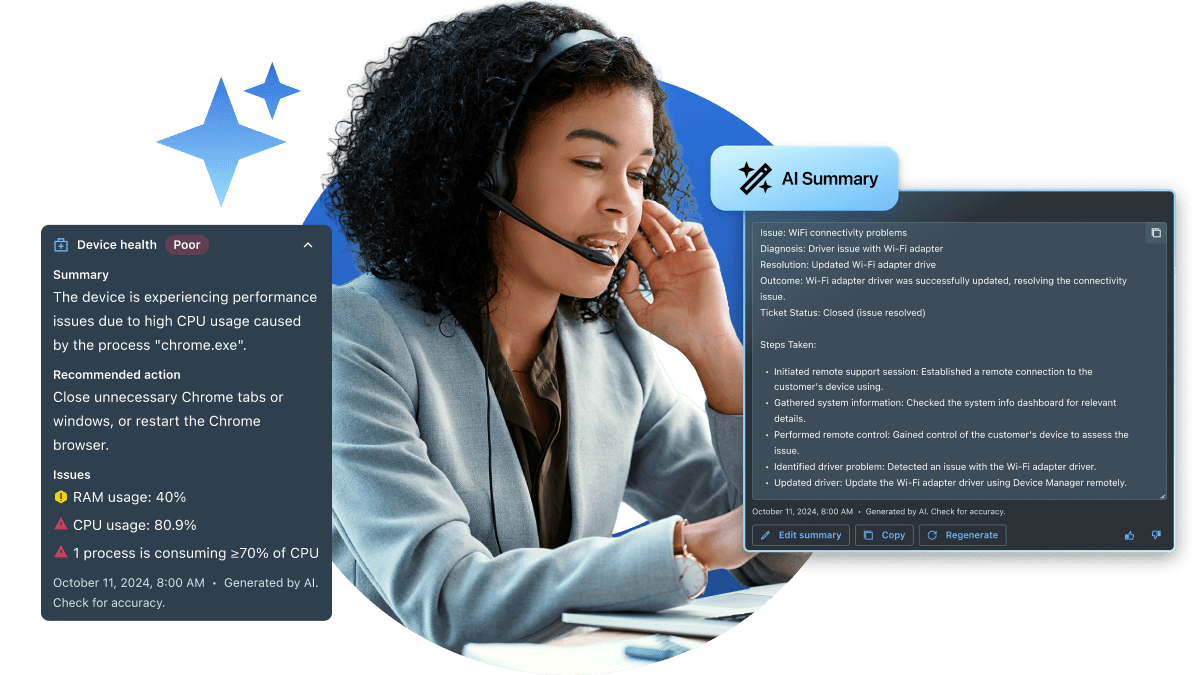 IT support agent using AI-powered LogMeIn Rescue with automated issue summaries, device health insights, and troubleshooting recommendations.