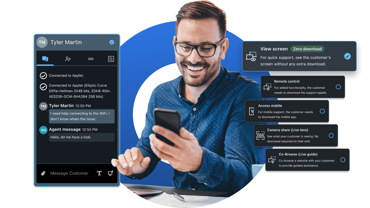 Satisfied customer receiving seamless remote support with zero-download screen sharing, remote control, mobile access, live camera sharing, and co-browsing assistance.