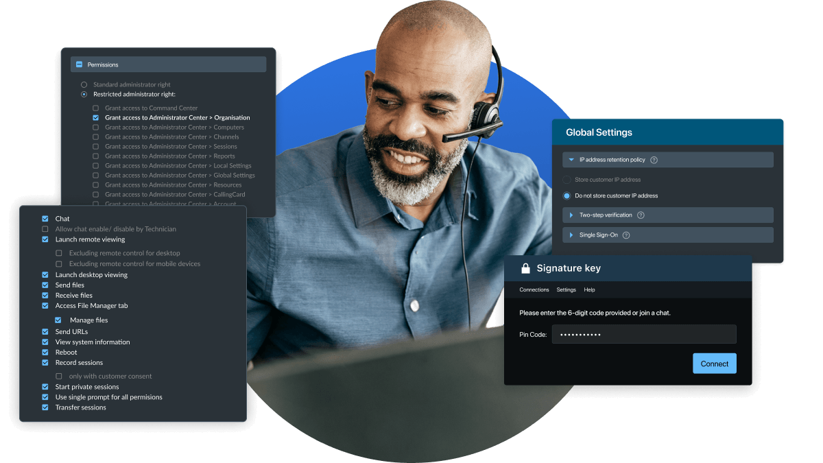 Enterprise IT administrator managing security settings, administrator permissions, two-step verification, single sign-on, and signature key authentication.