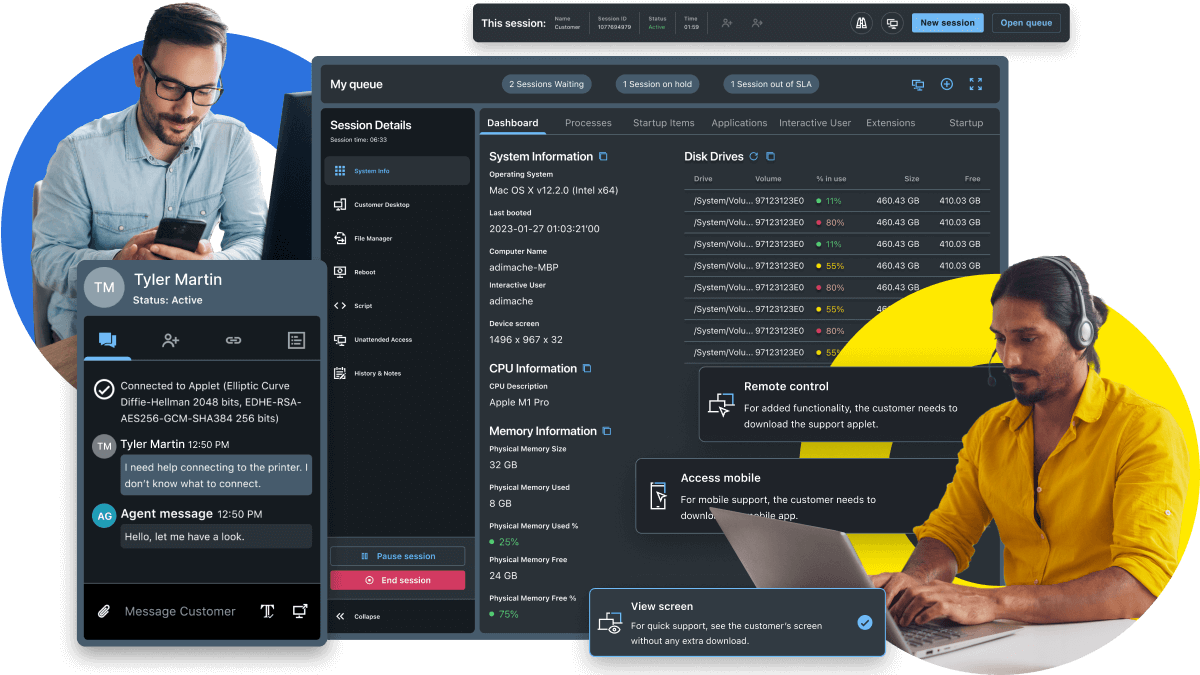 LogMeIn Rescue interface showcasing a remote IT support session between agent and user within global enterprises, featuring live chat, AI-powered system diagnostics, and administrative options.