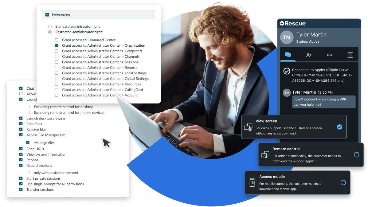 IT professional from a financial institution delivering secure remote support to a banker and efficiently managing platform permissions for compliance. 