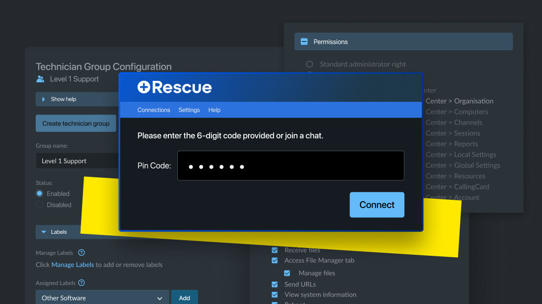 LogMeIn Rescue Administration Center screen showing permission settings and PIN code entry for secure remote access.