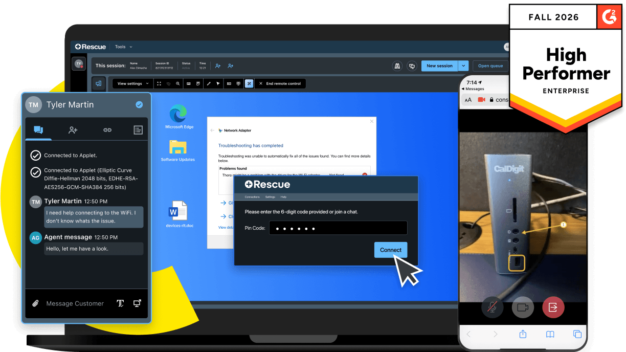 LogMeIn Rescue unified enterprise remote support tool with live chat, device troubleshooting, mobile camera sharing, and G2 High Performer Enterprise award badge