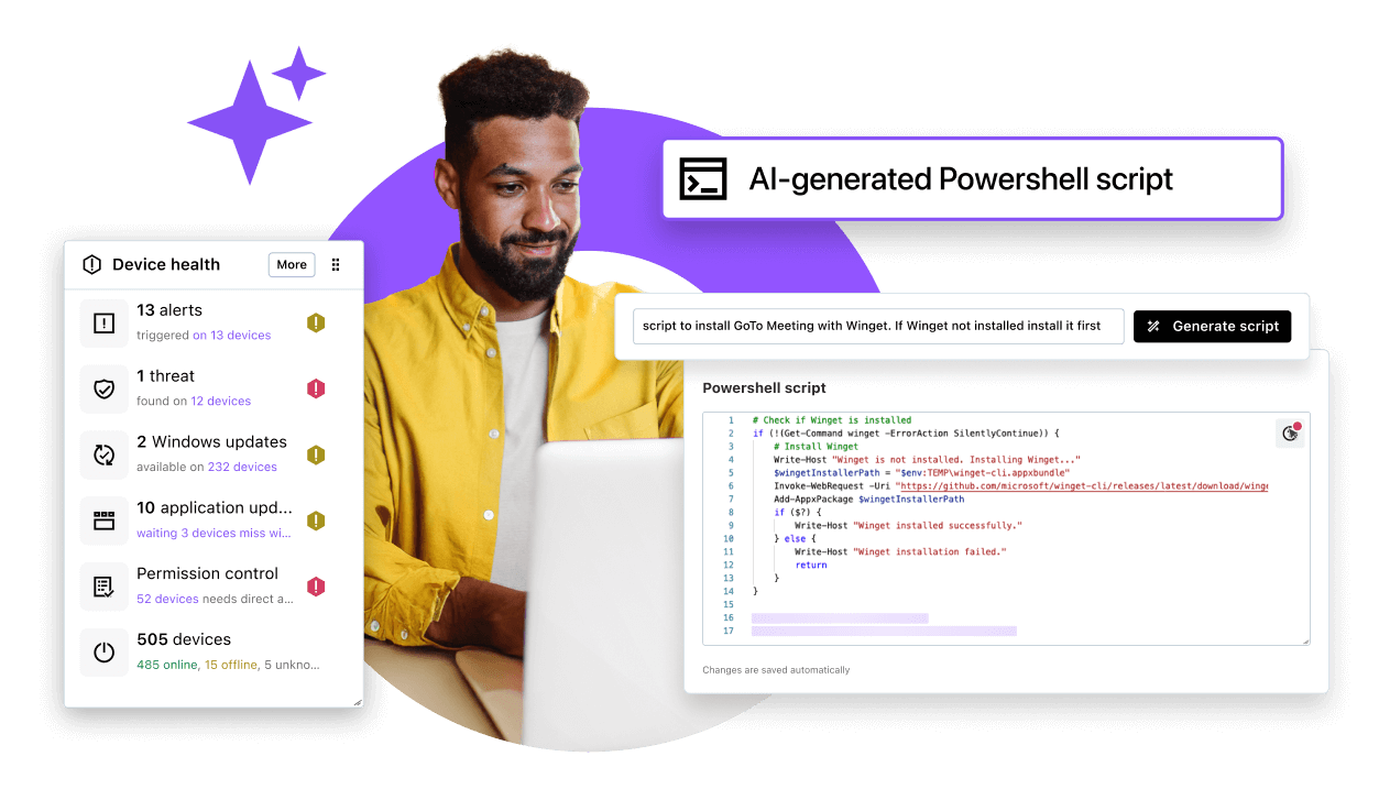  IT professional leveraging AI-driven insights in LogMeIn Resolve to manage end-user devices efficiently.