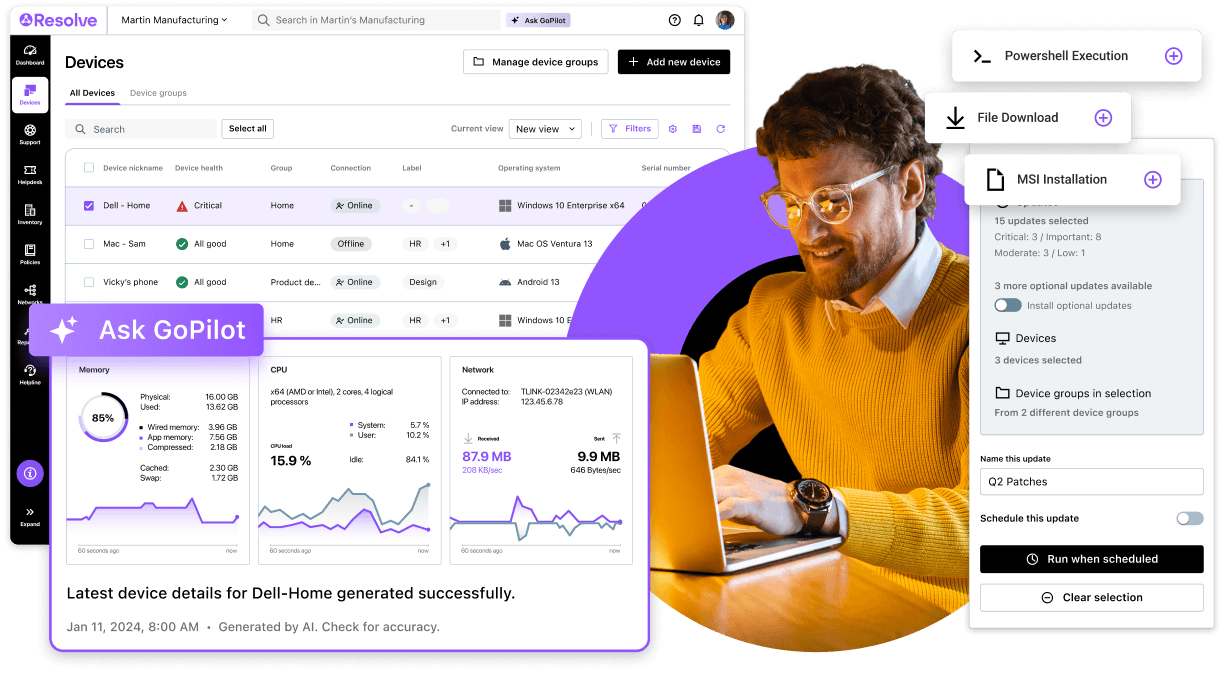 IT agent using LogMeIn Resolve dashboard to monitor device health, manage patches, automate tasks, and access AI-powered GoPilot insights.