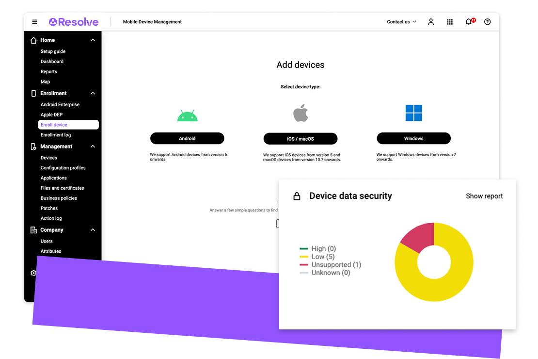 Desktop view of the interface for adding devices and screen of device data security chart.