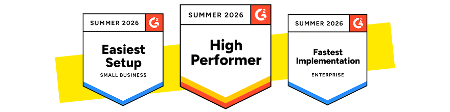 G2 award badges featuring High Performer, Easiest Setup for Small Business and Fastest Implementation for Enterprise.