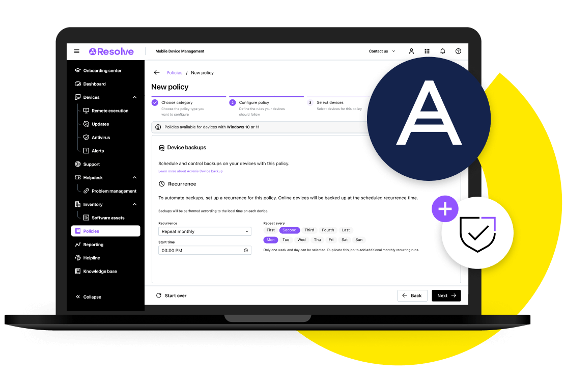 LogMeIn Data Protection Suite powered by Acronis, showcasing tools to configure policies, automate device backups, and set recurring schedules for secure data protection.