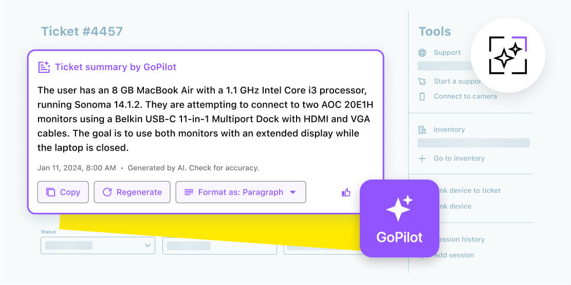LogMeIn Resolve featuring the AI-powered GoPilot tool to generate helpdesk ticket summaries and improve IT team efficiency.