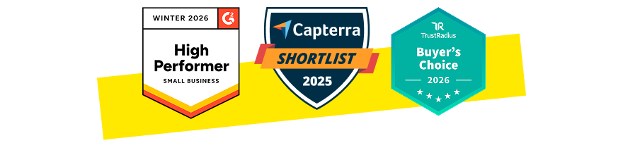 G two, Capterra and Trust Radius award badges.