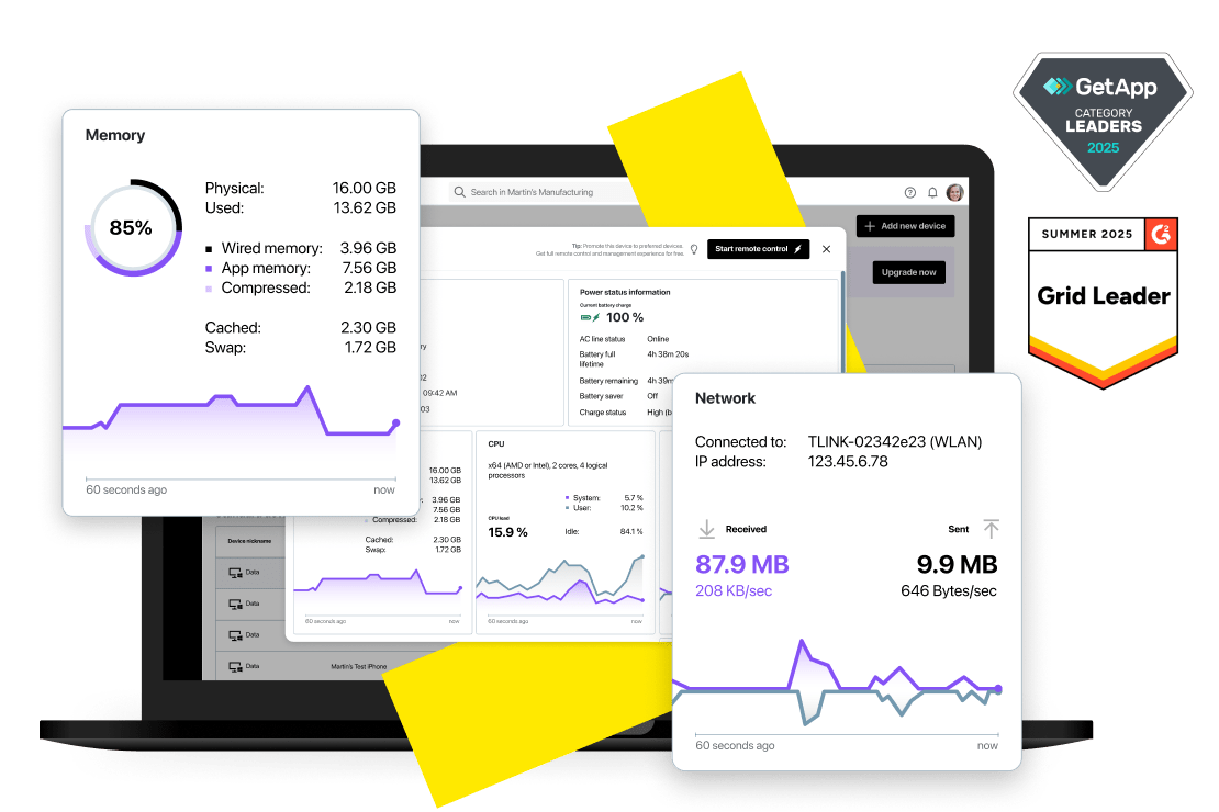 Captura de pantalla de la página de acceso en segundo plano de GoTo Resolve, en la que se muestran premios: insignias de la Categoría de Líderes de GetApp de 2024 y Líder de G2 para pequeñas empresas Primavera de 2024.