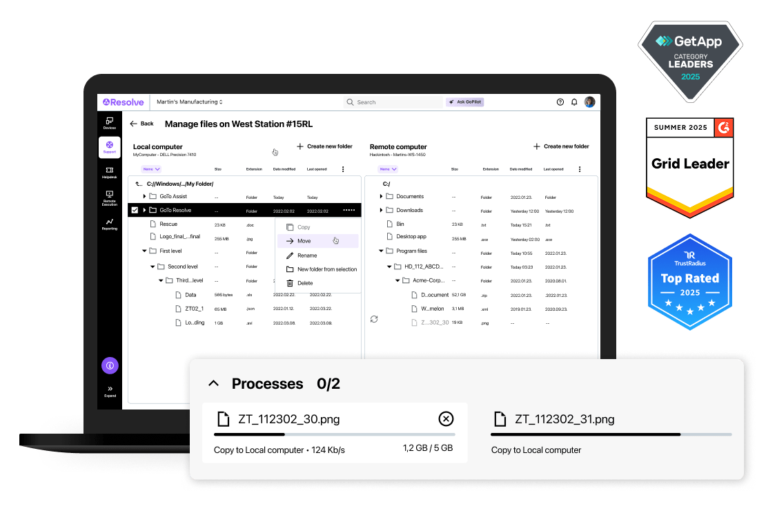 Capture d'écran de la page de la fonctionnalité d'accès à distance de GoTo Resolve, avec mention de récompenses prestigieuses : les badges GetApp Category Leaders 2024, G2 Leader for Small Business Spring 2024 et TrustRadius Top Rated 2024.