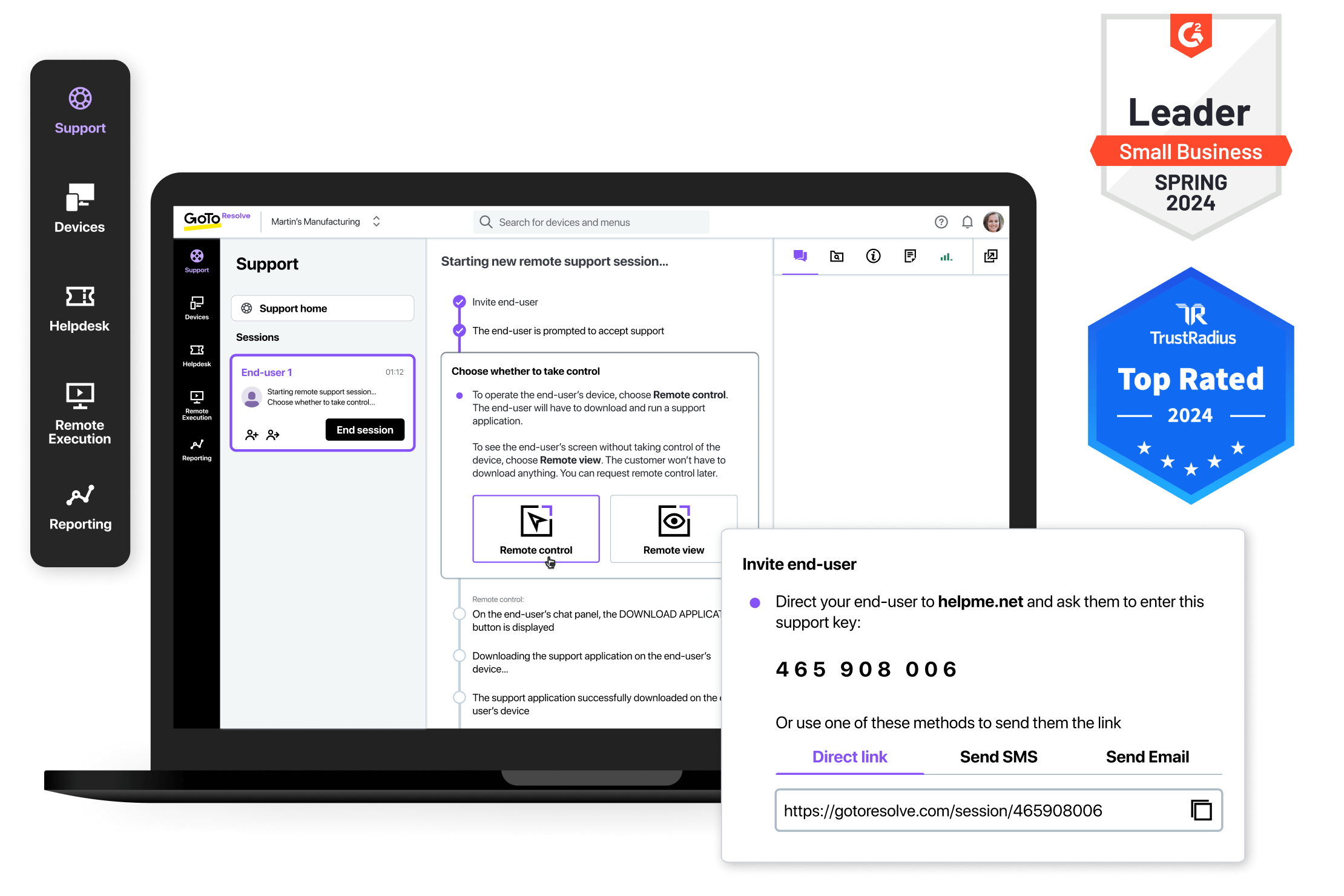 Captura de pantalla de la página de la función de asistencia técnica remota de GoTo Resolve, en la que se muestran premios: insignias de Líder de G2 para pequeñas empresas Primavera de 2024 y Mejor clasificado de TrustRadius en 2024.