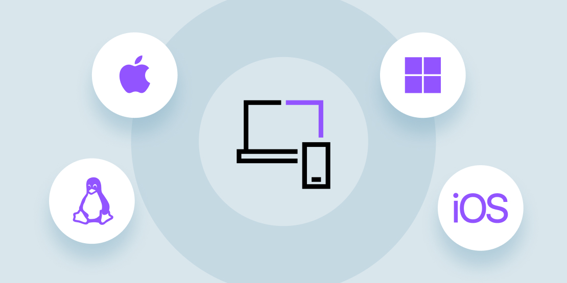 Illustration of unified endpoint management and MDM across Windows, Mac, Linux, and iOS devices.