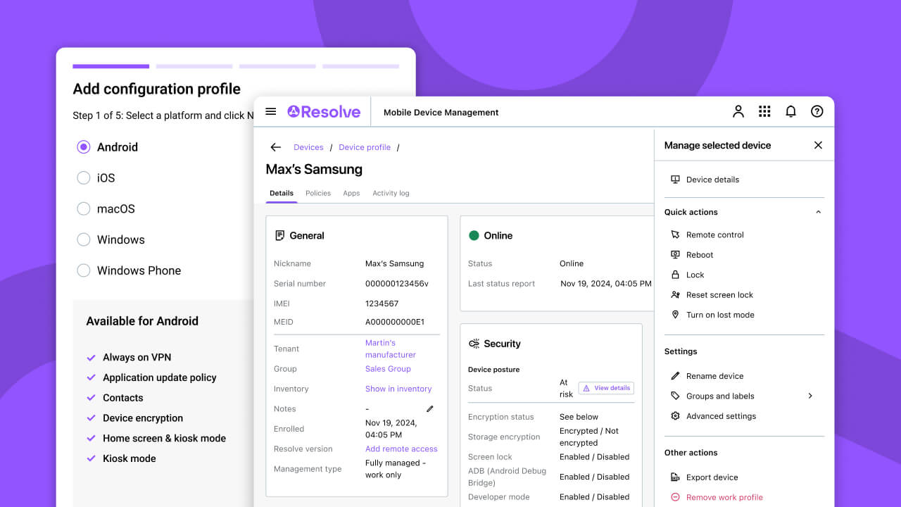 Mobile device management configuration, Android security policies, and remote device control in LogMeIn Resolve.
