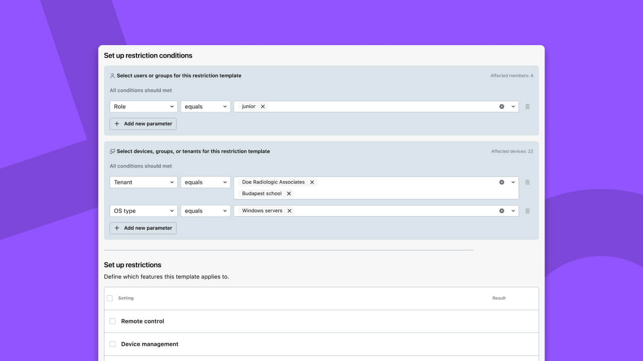 Conditional access policies and role-based device management settings in LogMeIn Resolve.