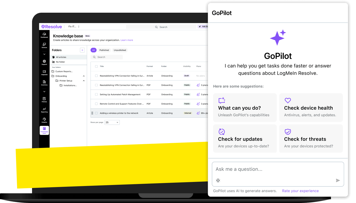 LogMeIn Resolve GoPilot AI assistant helping IT teams manage device health, security threats, updates, and knowledge base support